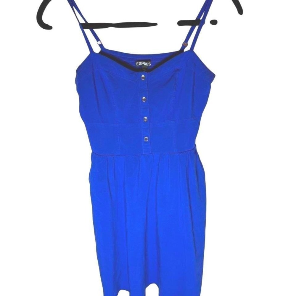 Express Royal Blue Button Front Mini Dress Smocked Back Pockets Womens Small